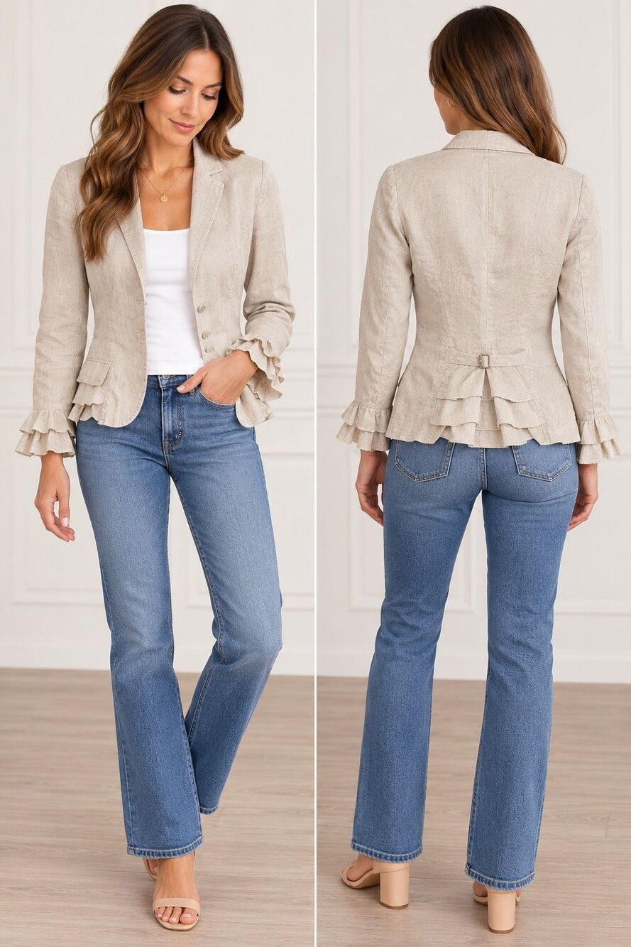 Anne Fontaine Maisie 100% Linen Ruffle Blazer Jacket Beige Size 42